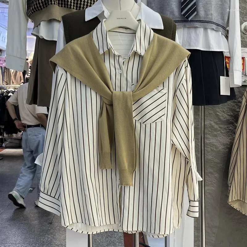 Women's Blouses Korean Fashion Chic Blouse Women 2023 Stripe Blusas Polo Neck Knitted Shawl Two Piece Set For Woman Loose Casual Dropship
