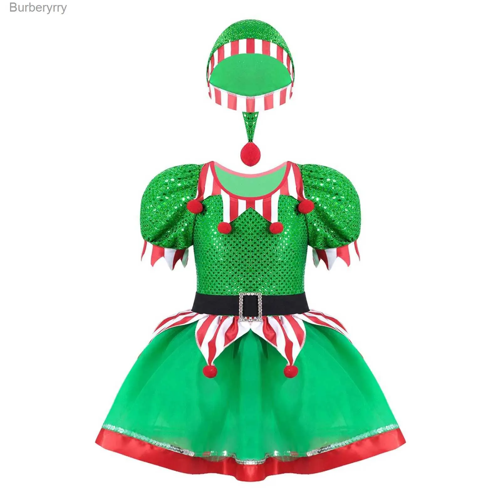 Costume a tema Ragazze per bambini Elfo di Natale Vieni Natale Paillettes Pompon Decorato Fancy Party Mesh Tutu Dress con cappello Capodanno Carnevale Dress UpL231010