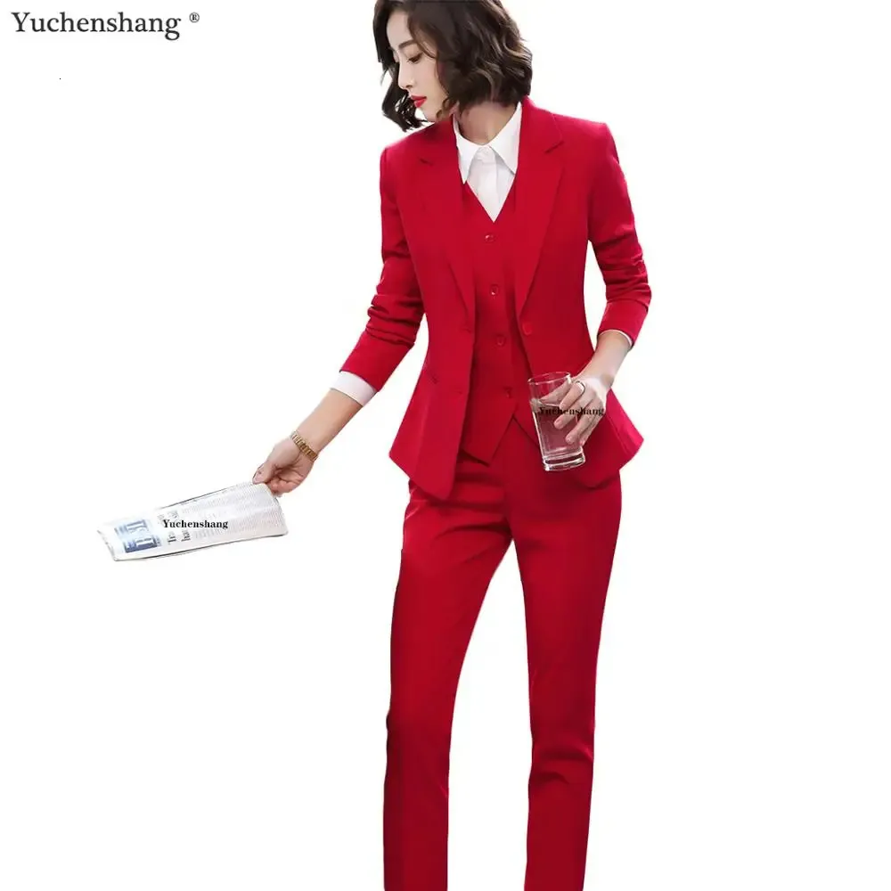 Kvinnors kostymer Blazers 3 stycken Set Women Vest Blazer Jacket och Pant Suit Office Lady Formal Business Work Career Wear Clothes Red Black Uniform S-5XL 231011