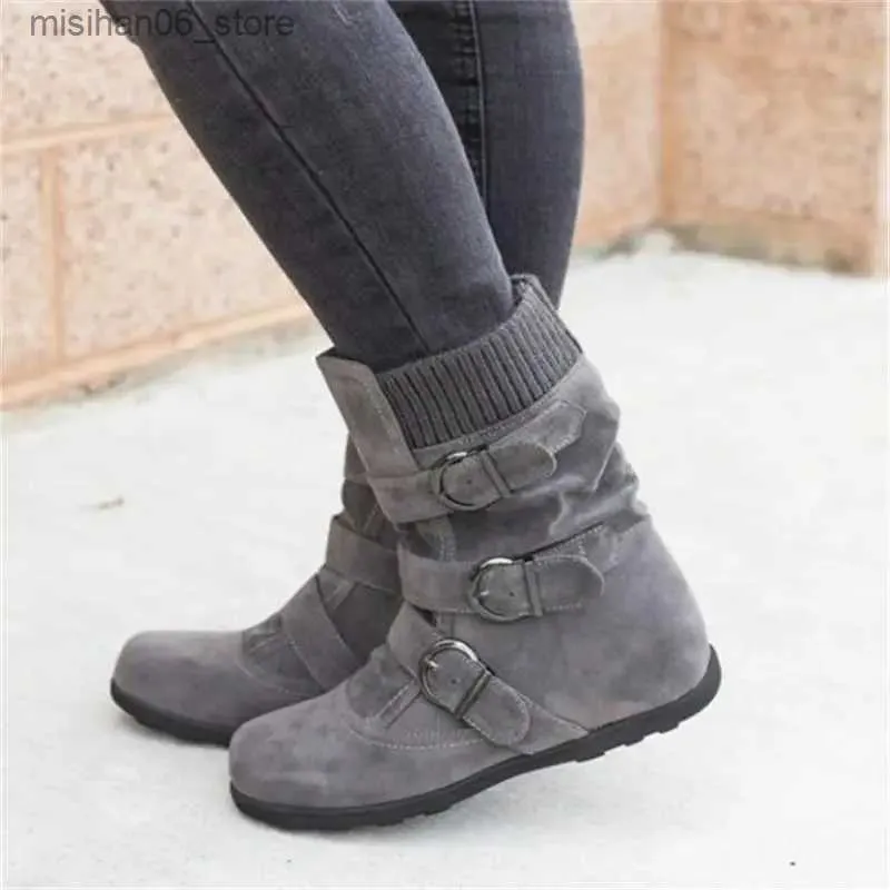 Laarzen Vrouwen Warme Snowboots Pluche Platte Casual Schoenen Plus Size Gesp Halfhoge Laarzen Nieuwigheid Herfst Winter Q231012