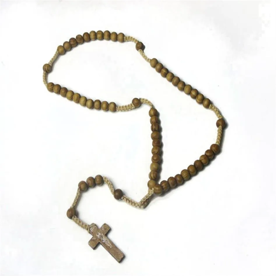 Collana con ciondolo croce con perline in legno, gioielli cristiani, religiosi, Gesù, rosario, perline di legno, gioielli285Y