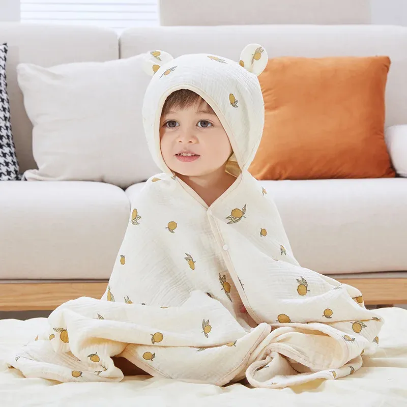 Towels Robes Lovely Printed Bear Lemon Kids Robes Muslin Cotton bath swaddle poncho towels hooded bath towel bathrobe Baby Receiving Blanket 231006