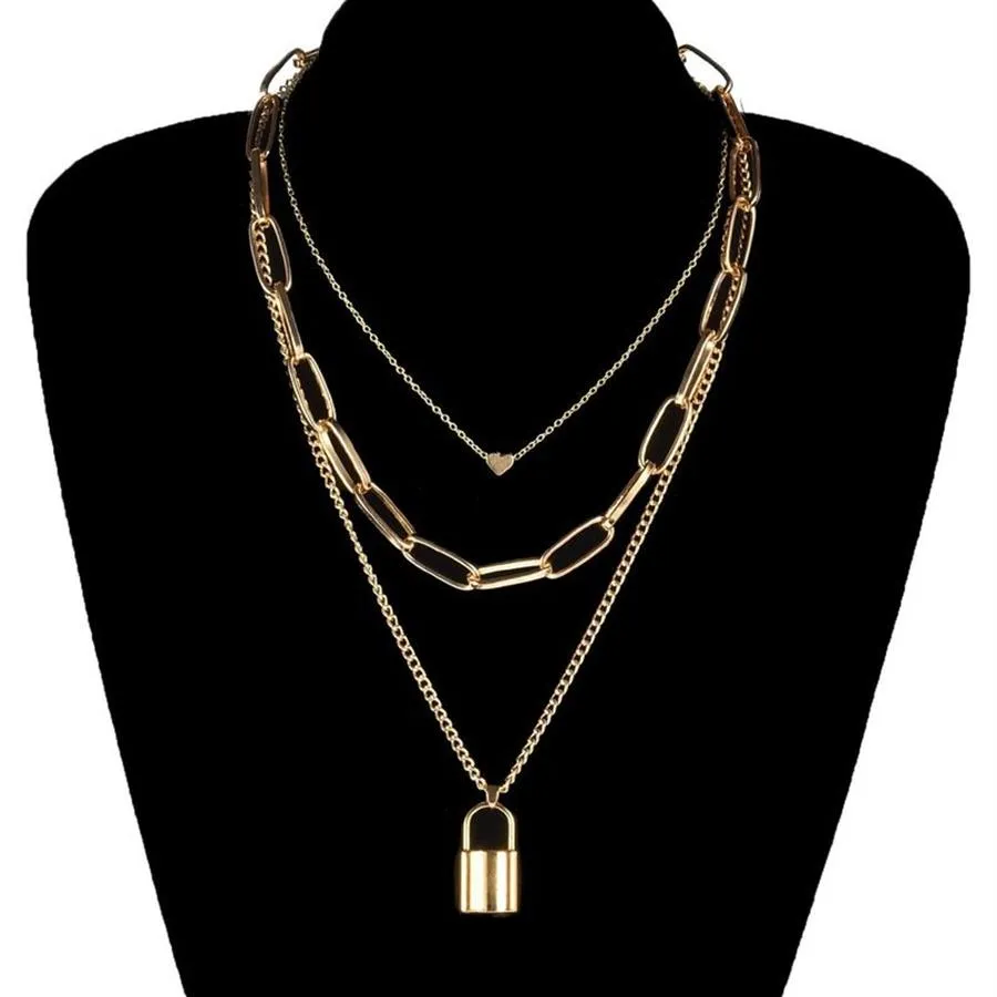 Creative Geometric Chain Heart Lock Necklace Pendant Gold Punk Multilayer Clavicle Necklaces for Women Fashion Neck Jewelry2076