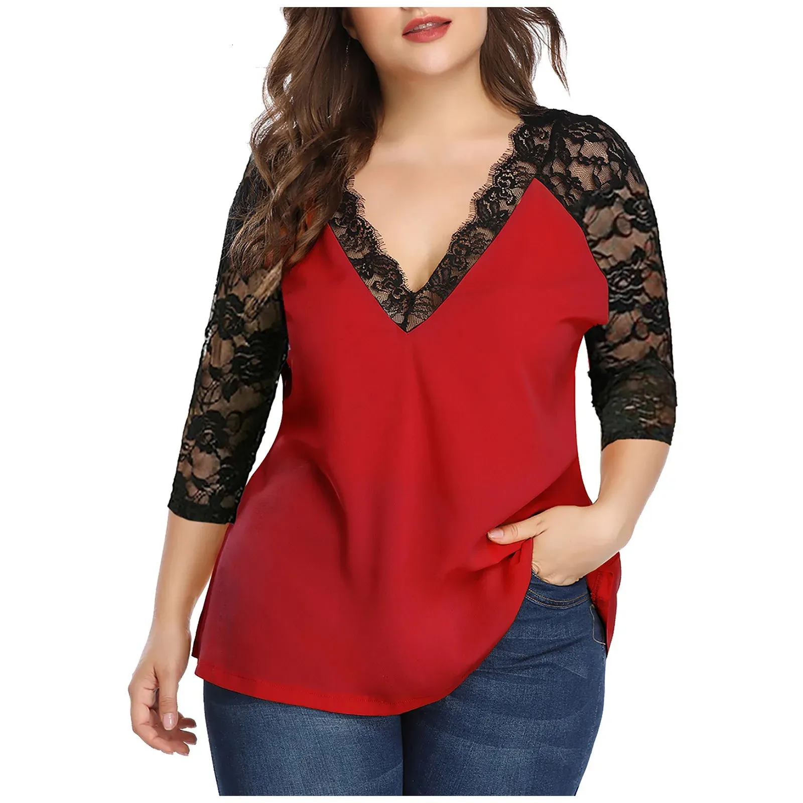 DHgate Womens Plus Size Lace Blouse Summer Autumn Casual Long Sleeve V Neck Lace Patchwork Shirt Ladies Tops Tunic Blouses Blusas 5XL Apparel
