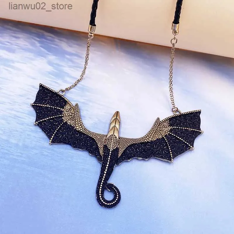 Other Fashion Accessories European and American Dragon Necklace Fashion Rock Pterosaur Ancient Gold Alloy Pendant Halloween Leather Cord Bat Necklace Q231011