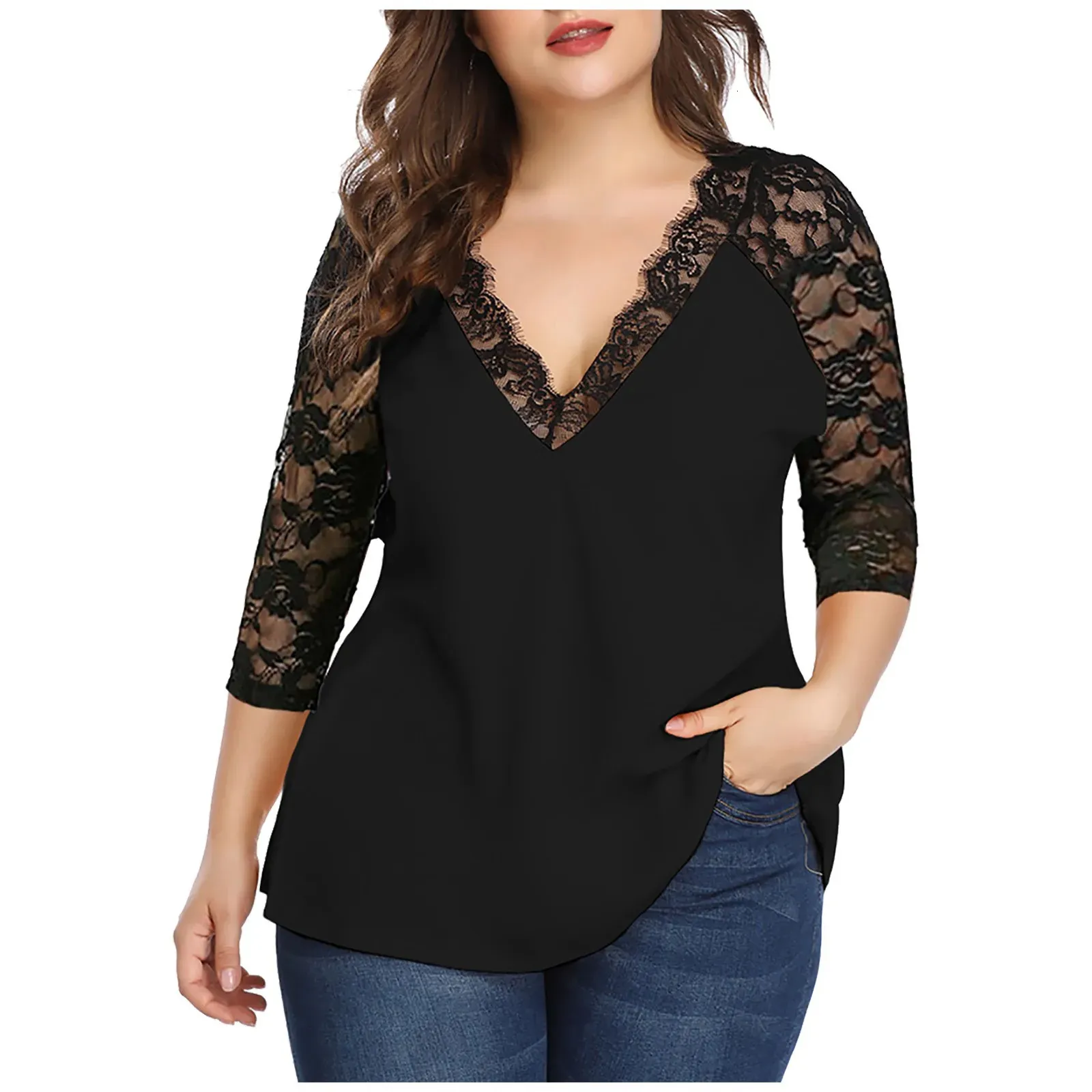 T-shirt grande taille pour femmes Blouse en dentelle de grande taille femmes été automne décontracté à manches longues col en V dentelle Patchwork chemise dames hauts tunique Blouses Blusas 5XL 231011