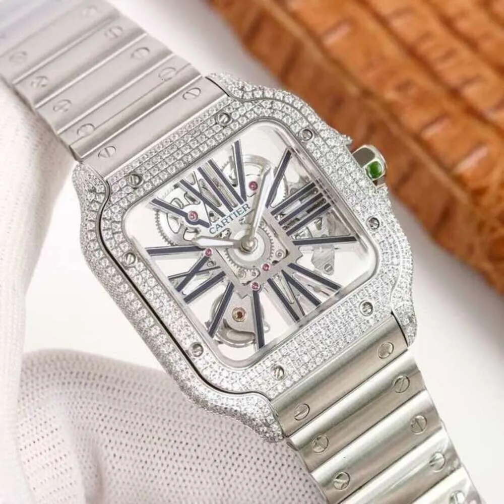 Luxury Designer Diamond Watch With Santos Skeleton Bust And Mechanical