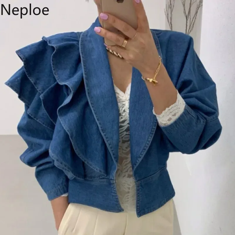 Women's Jackets Neploe Fall Women Clothing Cropped Denim Jacket Vintage Turn-down Collar Puff Sleeve Ruffles Crop Tops Korean Jean Coat 231010