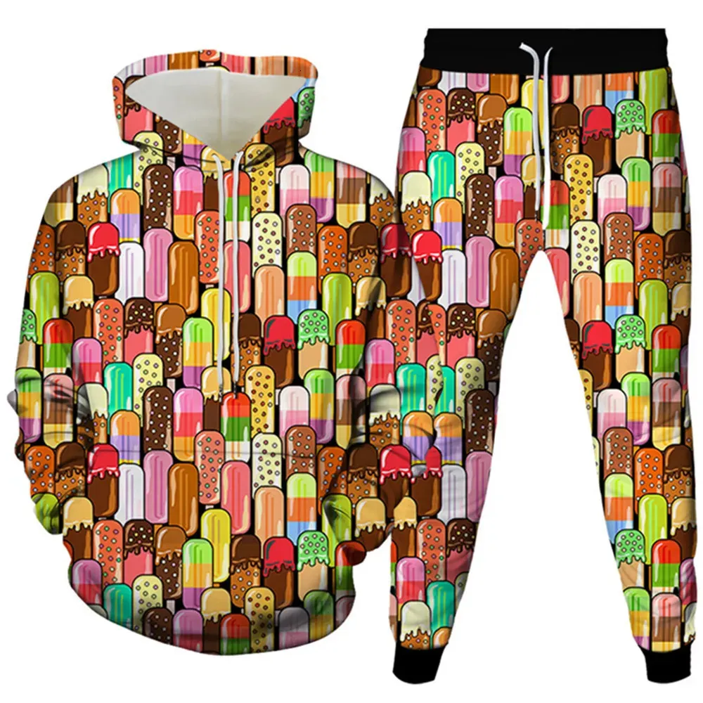 Survêtements pour hommes Ice Cream Retro Harajuku Style Cartoon Imprimer Hommes Vêtements Survêtement Costume Homme 2 Pièces Ensemble Sweats à capuche Pantalon de jogging Taille S-6XL 231011