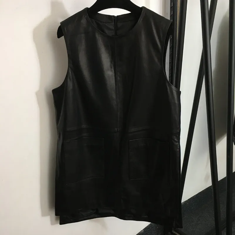 Gilet di pelle di pecora Abiti da donna in vera pelle Abito per banchetti per feste Abito di lusso Personalità Abito lungo di marca nero