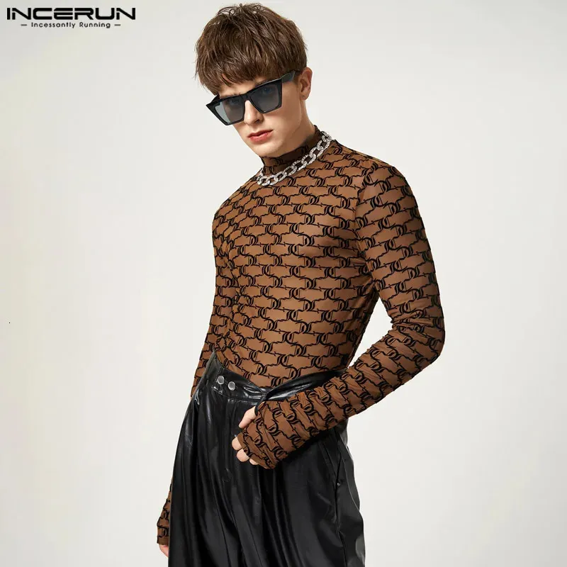 Men's TShirts Men T Shirt Mesh Transparent Printing Fitness Streetwear Undershirt Turtleneck Long Sleeve Casual Camisetas S5XL INCERUN 7 231011