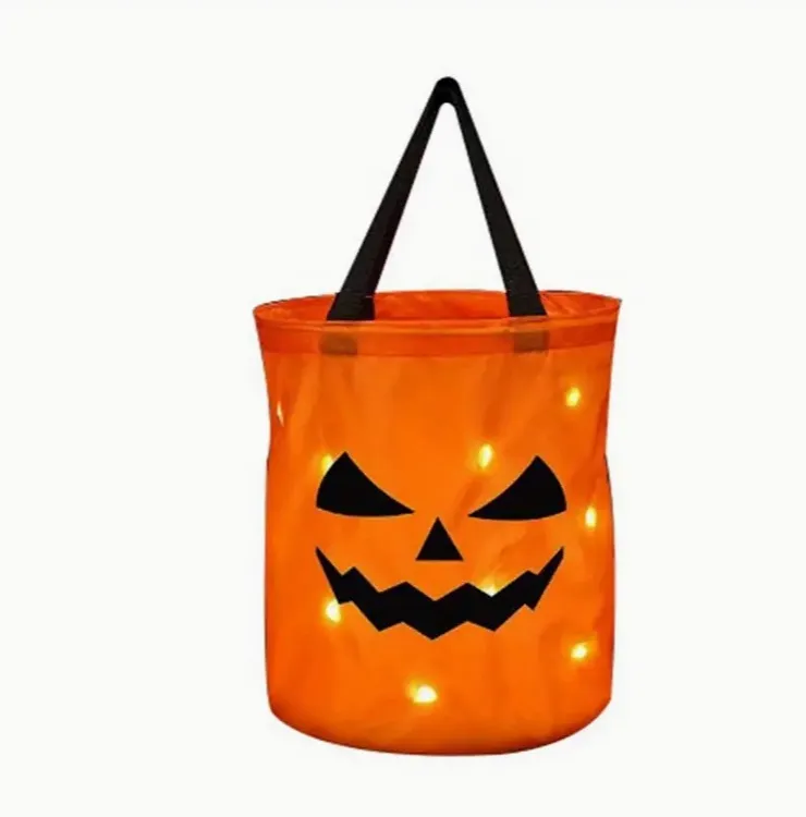 Lumière LED Halloween Trick or Treat Seau Sacs de bonbons à la citrouille Panier d'Halloween pliable pour panier-cadeau de fête de Thanksgiving, décorations d'Halloween