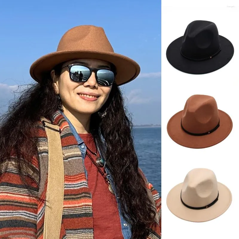 Berets Vintage Wool Belt Black Men Hats Autumn Winter Unisex Casual Jazz Felt Hat Retro Classic Travel Flat Brim Fedora For Women