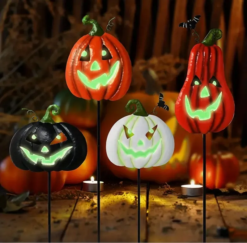 4st halloween dekoration utomhus fluorescens halloween pumpa gårdsskyltar med insatser skrämmande ansikten och skrämmande trädgård metalldekor för semesterfestartiklar