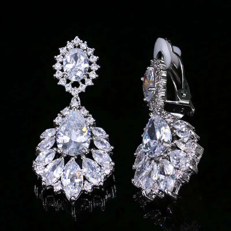 Boucles d'oreilles classiques à clipser en diamant pour femme, boucles d'oreilles de luxe en cristal avec zircone cubique AAA, bijoux de mariage de luxe pour mariées, demoiselle d'honneur