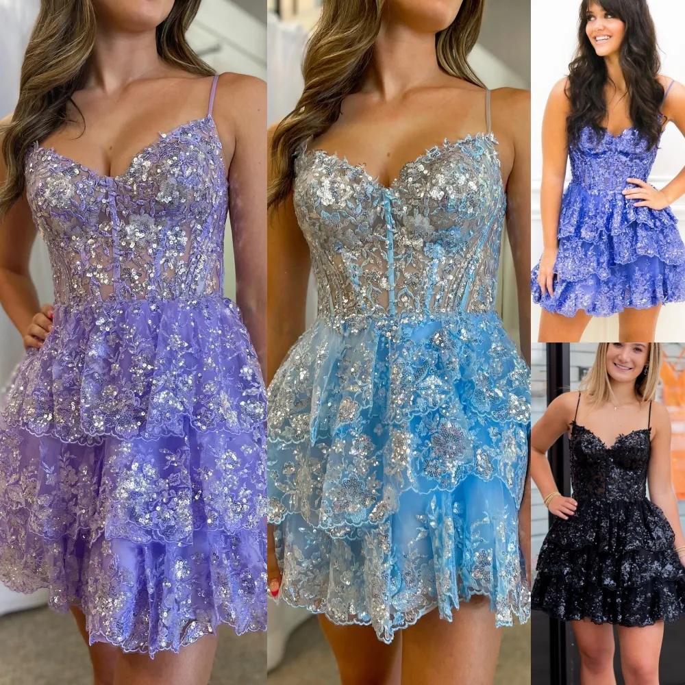 Robe de soirée étincelante 2k24 courte volants corset spaghetti dame concours hiver soirée formelle cocktail robe hoco piste gala cravate noire lilas noir bleu