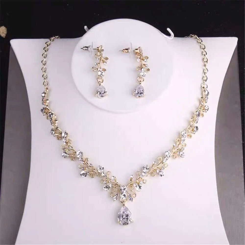 Novo conjunto de brincos corrente nupcial ouro diamante colar acessórios para vestido de casamento