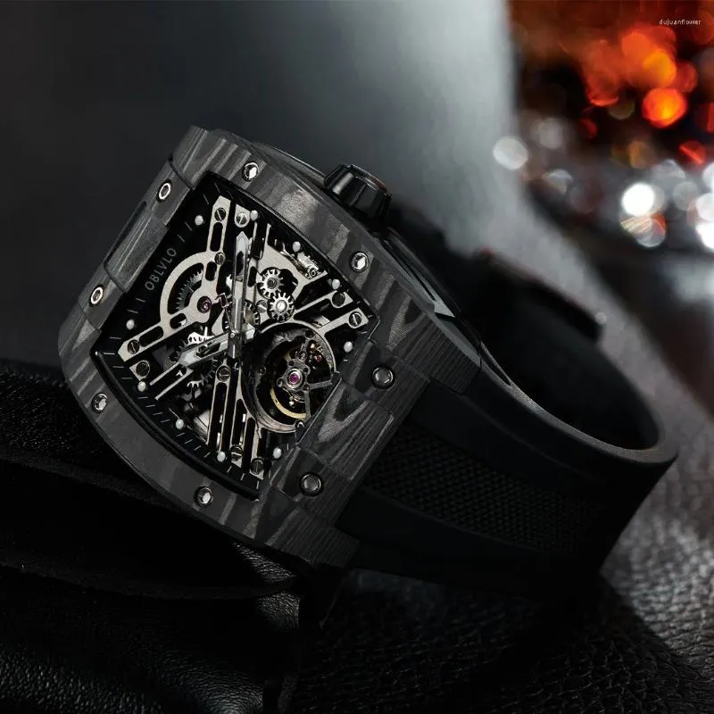 Zegarek na ręce oblvlo oryginalne czarne mężczyzn automatyczny zegarek mechaniczny sportowy szkielet świetliste wina lufa z włókna węglowego guma pasek Em-st-st