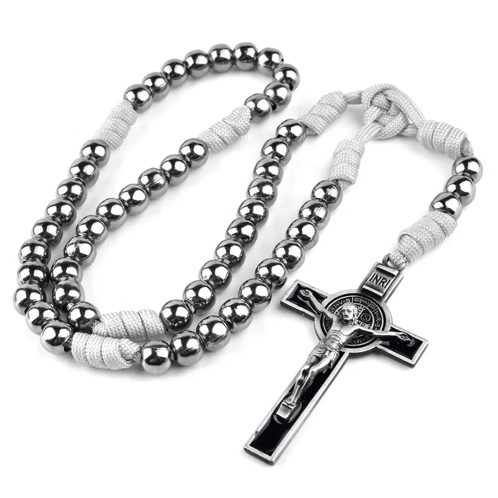 Girocolli Religiosi Paracord Rosari Perline di ferro da 10 mm Bronzo antico Pistola Nero cattolico San Benedetto Rosario da uomo 231010