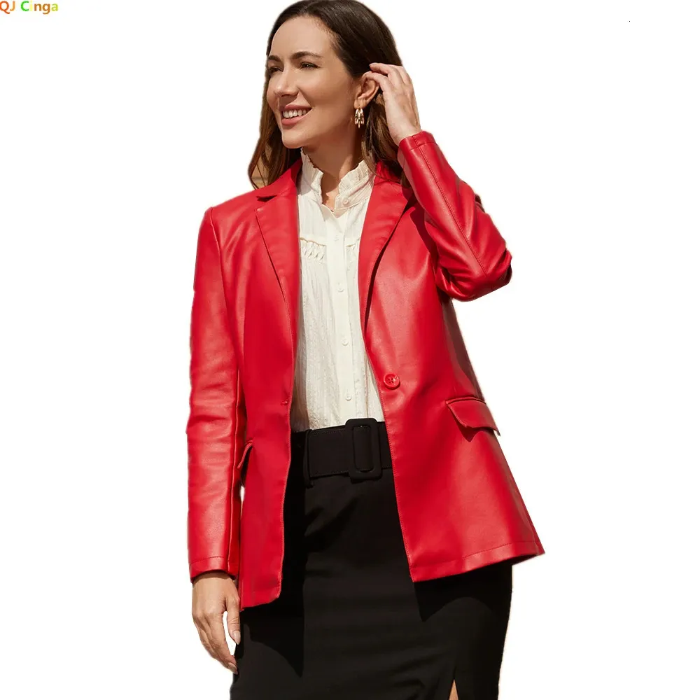 Costumes pour femmes Blazers Rouge vif simple bouton veste de costume pour femme tissu PU Blazers noir bleu marron femme coupe ajustée manteau S M L XL XXL XXXL 231011