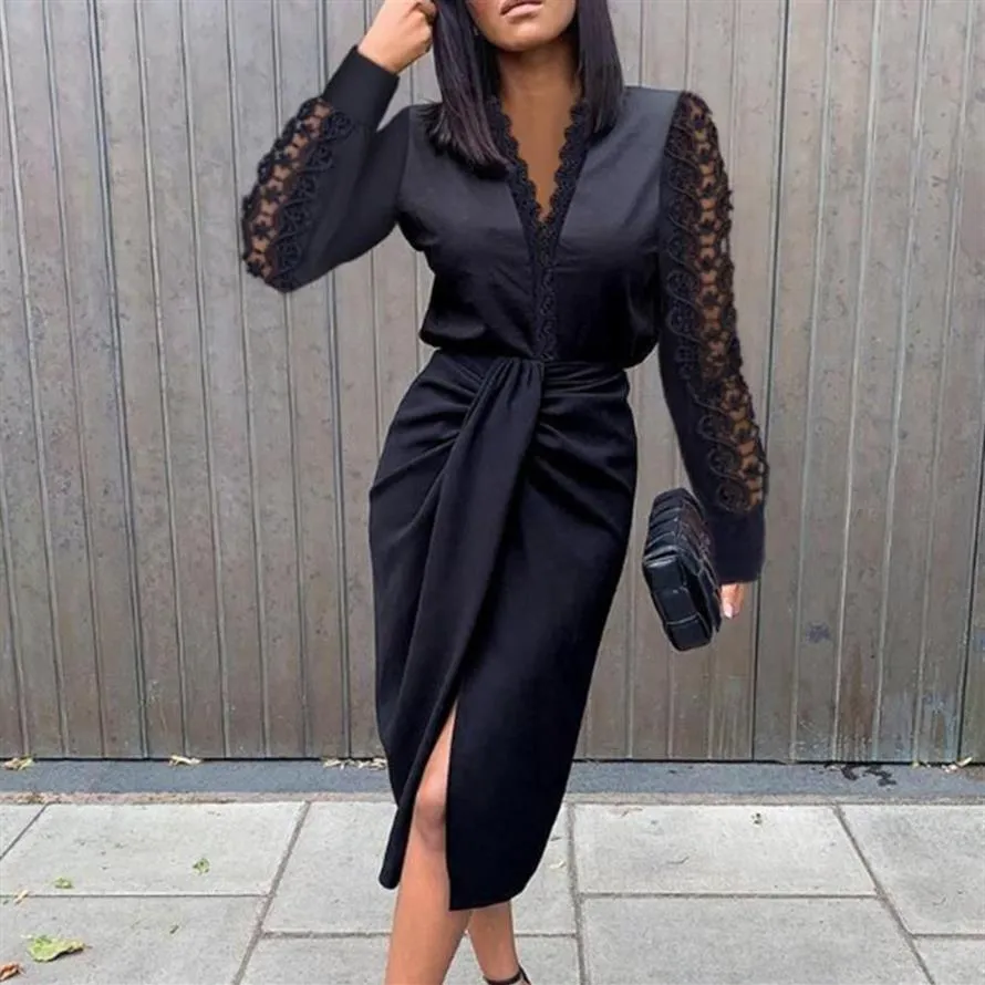 Robes décontractées Black Women Wrap Robe élégante dentelle à manches longues col en V froncé Slim Party Fashion Split Satin Streetwear Retro260y