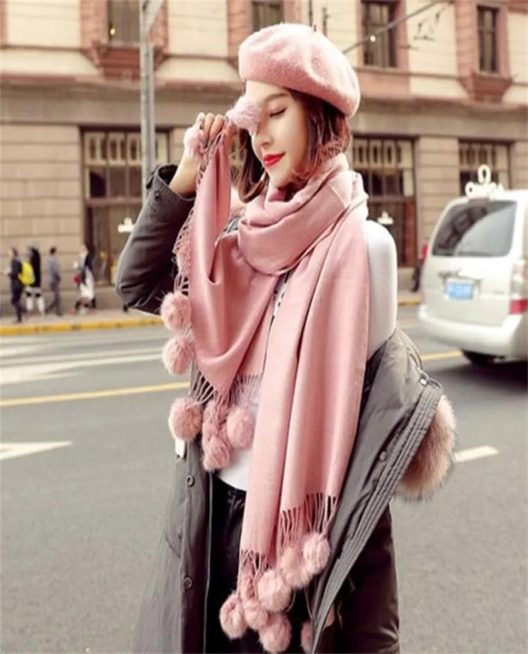 Warm Winter Wool Cashmere Pom Scarf Pink Thick With Rabbit Fur Ball Pashmina Large Stole Lady Wrap Shawl Oversize Blanket 2012244582780