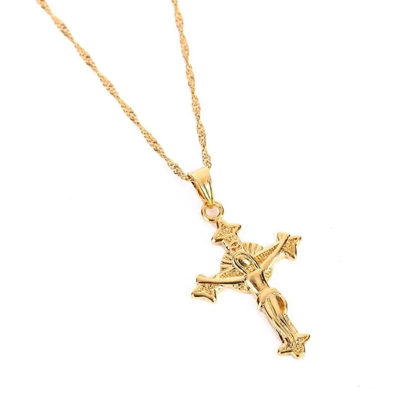 Alta qualità Testa di Gesù Croce Collane Colore oro 22K Ciondolo con ciondolo per donna Uomo Fabbrica di gioielli Intero gioiello Crocifisso God3197