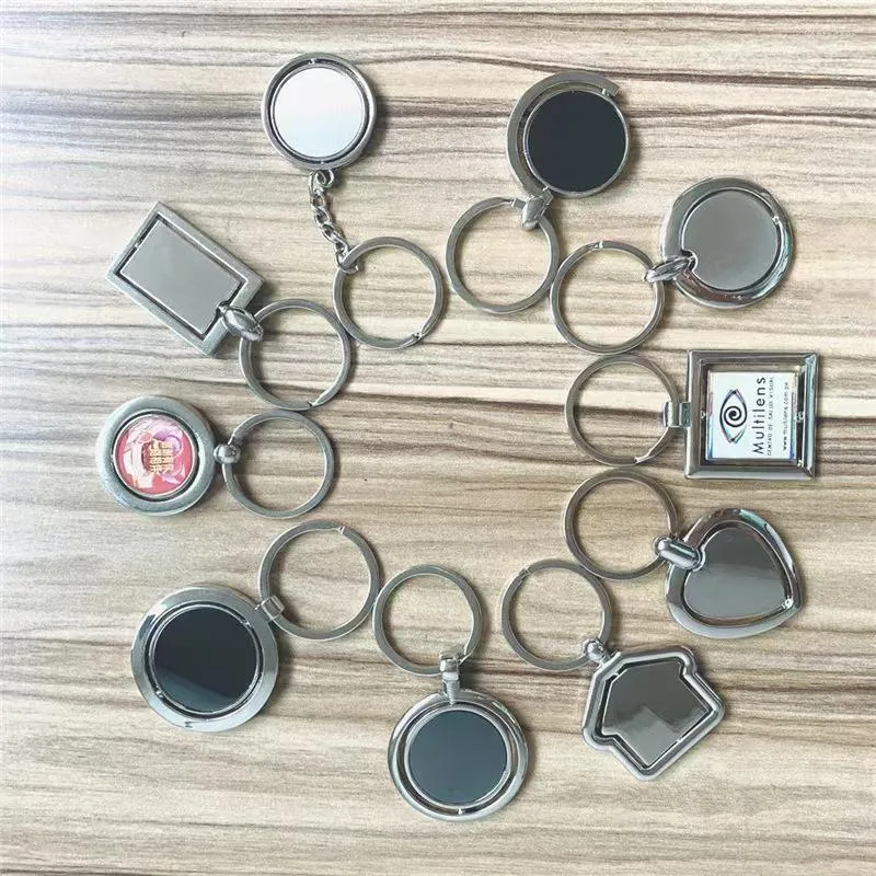 Keychains 100st/Lot Zinc Eloy Rotertable House Keychain Round Blank Spin Key Chain Heat Square Glob Keyring DIY LOGO