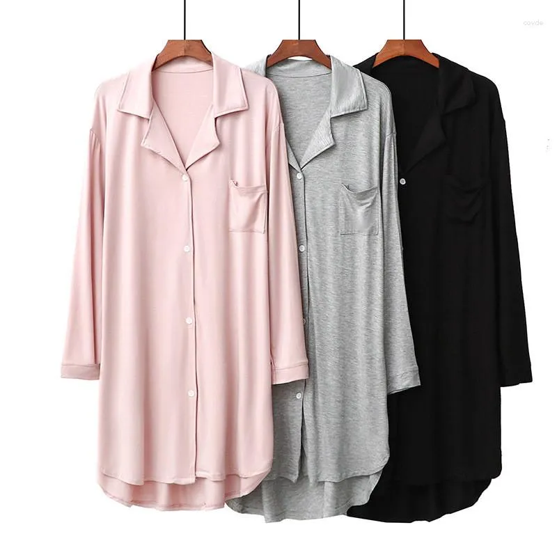 Ropa de dormir para mujer Fdfklak 2023 Primavera Verano Modal Solapa Camisón Irregular Flojo Hogar Vestido de noche Mujeres Manga larga Camisones Botones