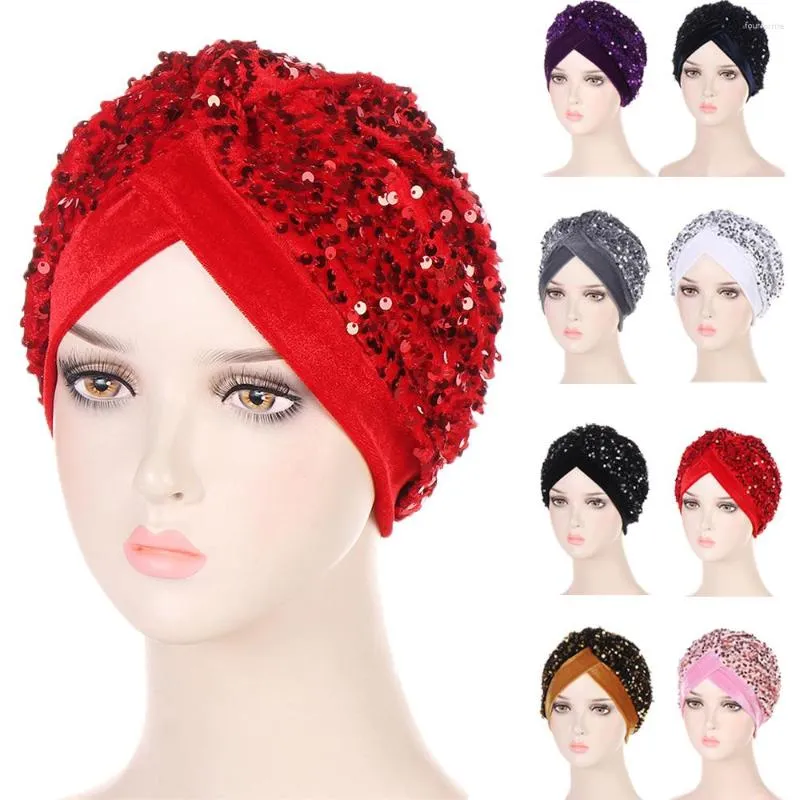 Ethnic Clothing Women Glitter Sequins Turban Hat Fashion Bonnet Twist Solid Color Hijab Chemo Cap Head Wraps Elegant Headscarf Stretchy