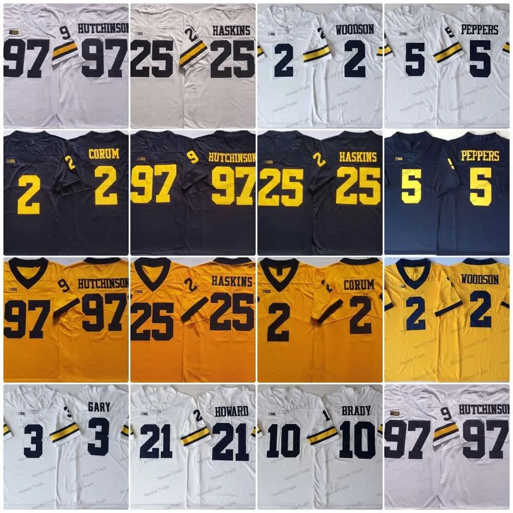 Michigan Wolverines Azul 9 J.J. McCarthy College Football Jersey Corum McNamara Tom Brady 4 Jim Harbaugh 5 Jabrill Peppers 97 Aidan Hutchinson Camisas todas costuradas