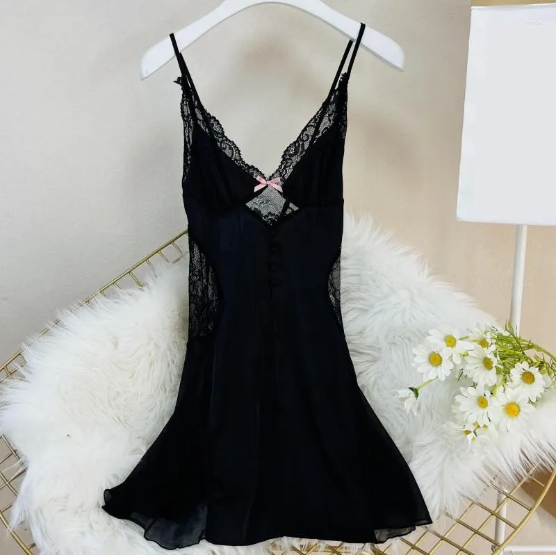 Kvinnors sömnkläder kvinnlig spets nattklänning svart dam sliky satin cami nattkläder underkläder nattdress sommar sexig klänning loungewear