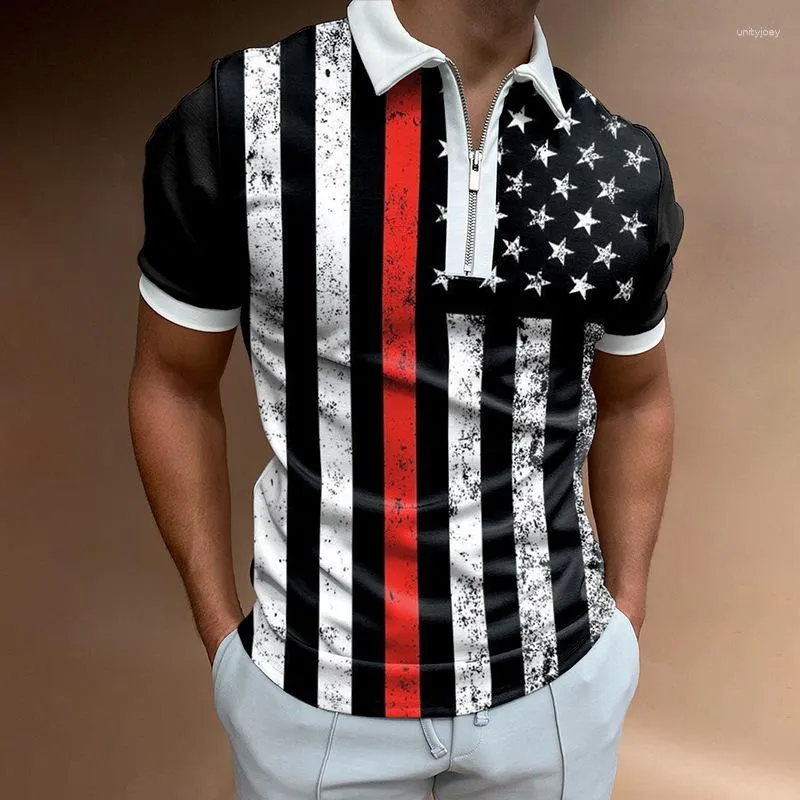 メンズポロス2023服ポロシャツストリートファッションプリントカジュアルな半袖Tシャツラペルジッパーボールトップサマー