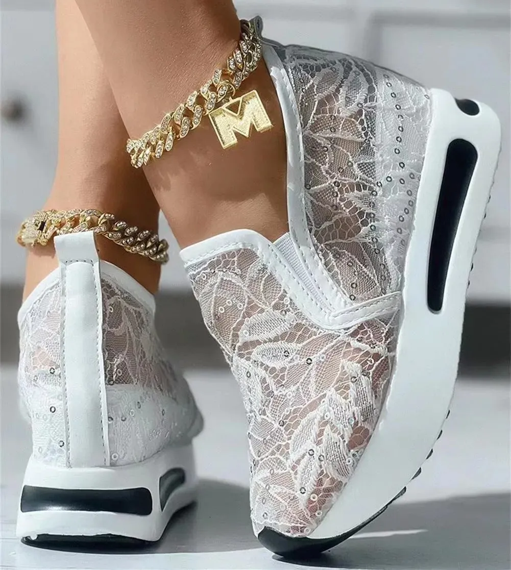 Klänningskores sneakers blommor broderi nät för kvinnor glider på avslappnad comfy heeled skor kvinna 231010