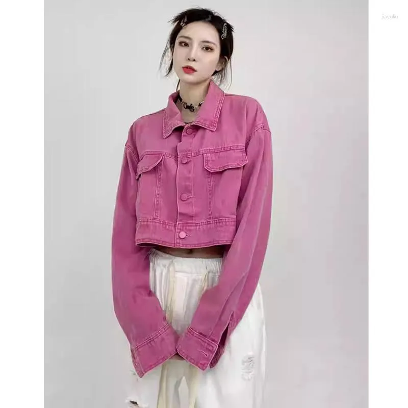 Kurtki damskie dżinsowa kurtka kobiety y2k różowa pikantna dziewczyna Korea streetwear moda amerykański vintage krótki płaszcz dżinsowy odsłonięty pępek.