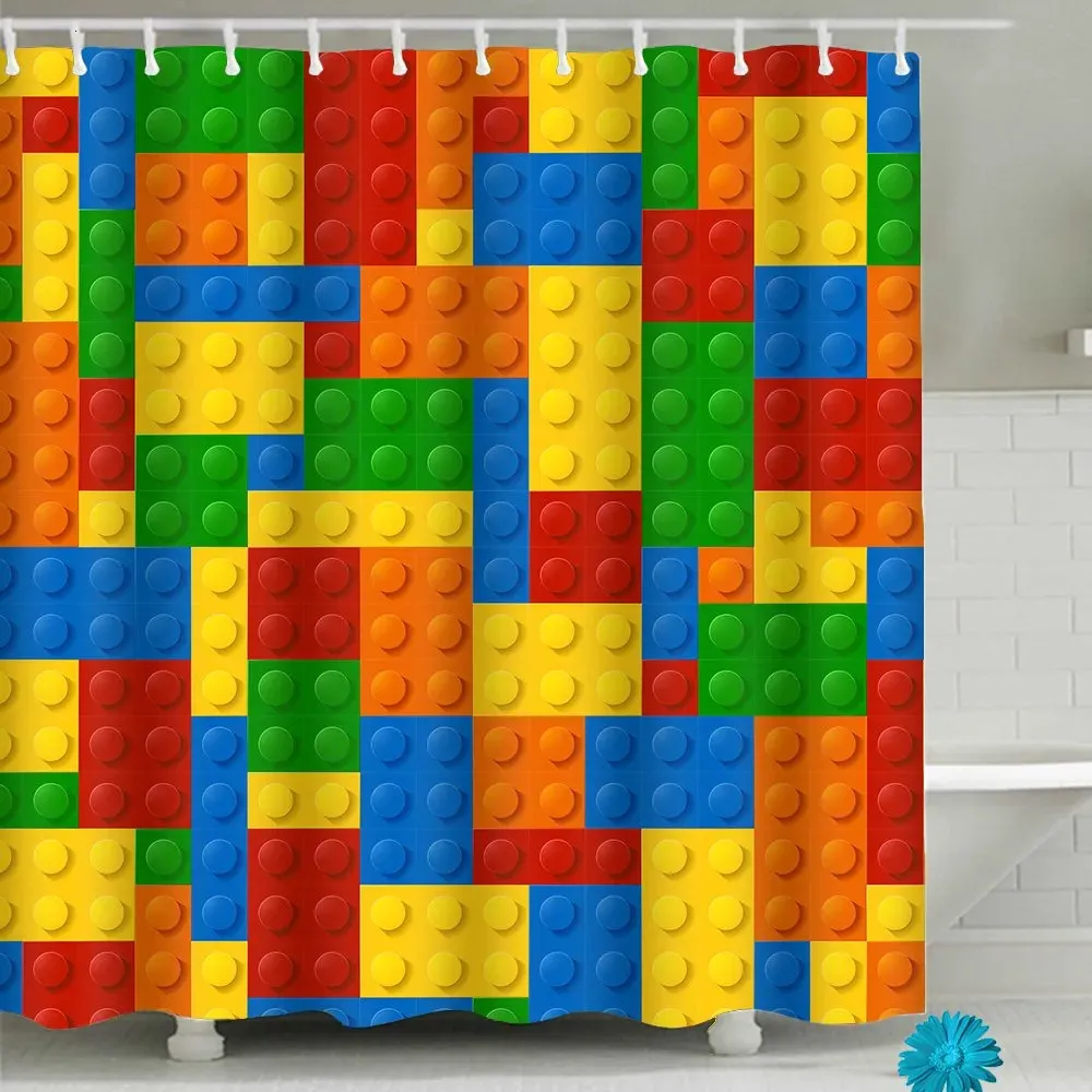 Shower Curtains Funny Building Blocks Shower Curtain Set Colorful Blocks Cloth Shower Curtain Waterproof Bathroom Curtain Decor Polyester Fabric 231007