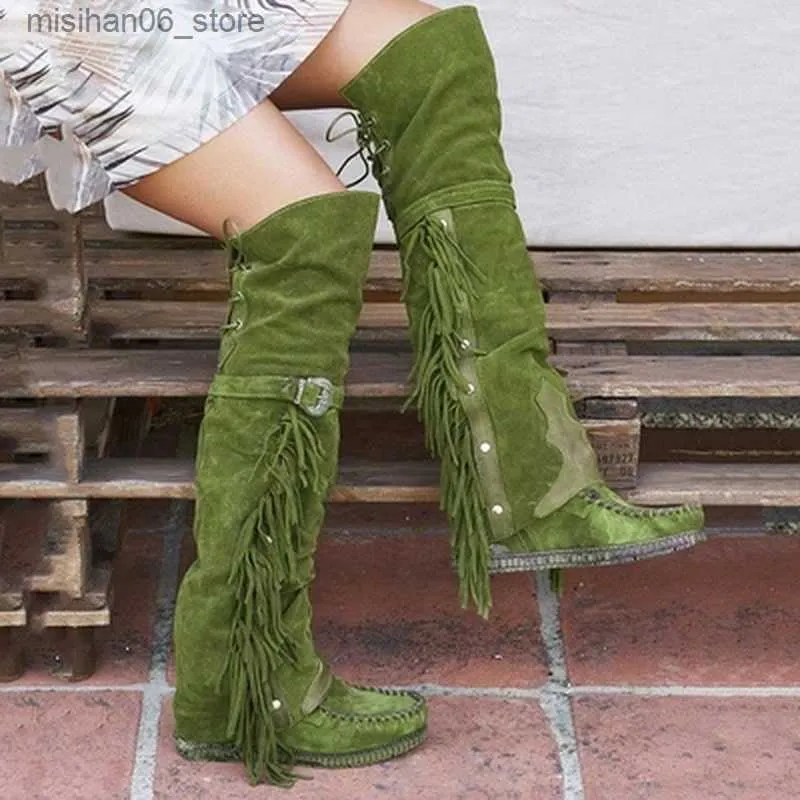 Stiefel Mode Bohemian Boho Kniehohe Stiefel Ethnische Frauen Quaste Fransen Faux Wildleder Leder Hight Stiefel Frau Mädchen Flache Lange booties Q231012