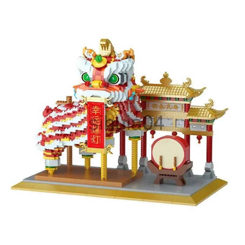 Blocs de construction de danse du Lion du nouvel an chinois, briques de  Lion porte-bonheur de Style chinois, jouets pour enfants, cadeau de noël  x1011