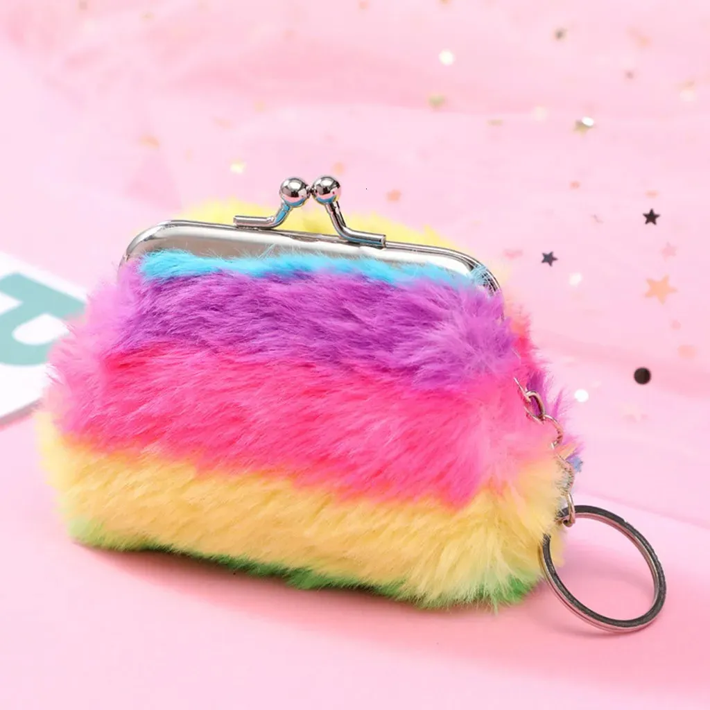 Handväskor Kvinnor Fleecy Fuzzy Handväskor Små myntväska Handy Bag Packet Plånbok Rainbow Women Coin Purse For Girl Kid Gift 231010