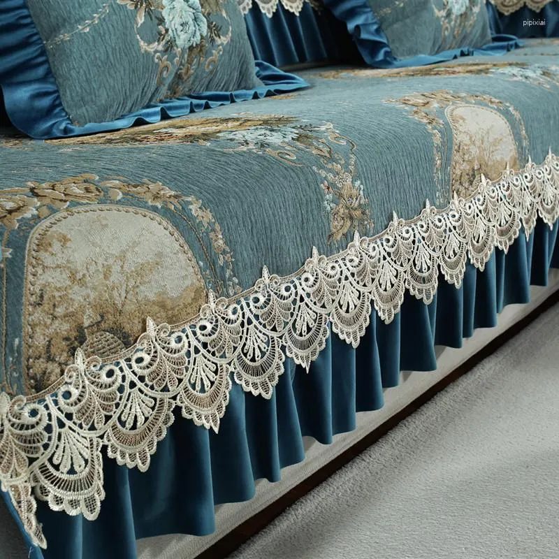 Housses de chaise Housse de canapé en dentelle brodée européenne Coussin en tissu chenille antidérapant Four Seasons Taie d'oreiller universelle Accoudoir Serviette