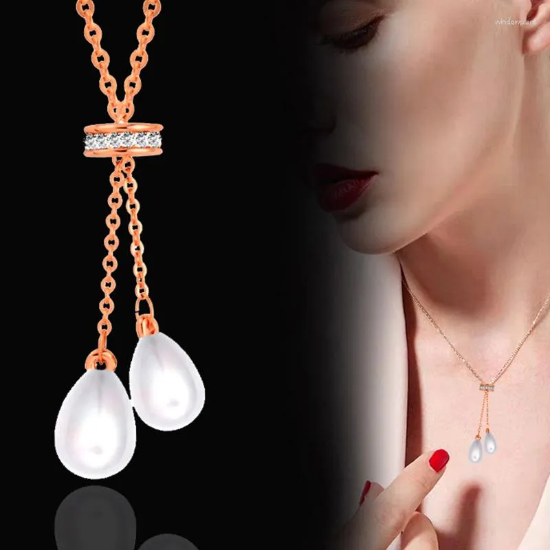 Pendant Necklaces SINLEERY Drop Shape Pearl Necklace Rose Gold Color Adjustable Crystal Inlay Chain Jewelry