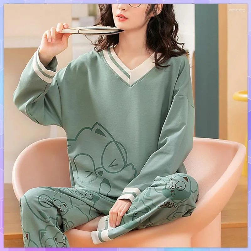 Abbigliamento per la casa Pigiama in cotone per le donne Salotto da notte Set pigiama per donna a maniche lunghe Cartoon Indumenti da notte Famille Abbigliamento Pantaloni Tute Primavera