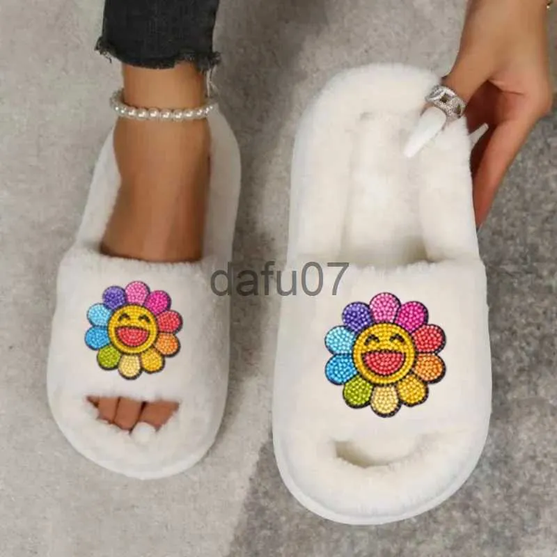 Slipare Shine Sunflower Rainbow Decor Luxury Päls tofflor Kvinnor Bright Rhinestones Fashion Design Winter Home Leisure Elegant Flat Shoes X1011