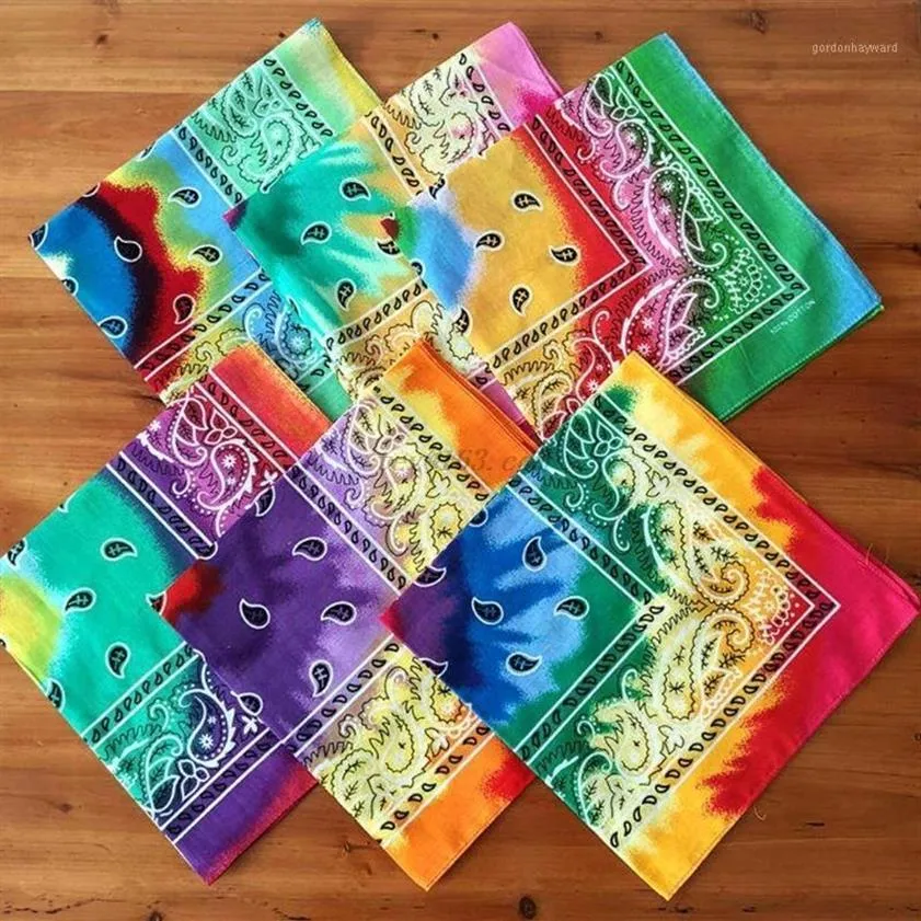 Mehrfarbiges Baumwoll-Tie-Dye-Bandana-Kopfband mit Regenbogen-Wirbel-Paisley-Blumendruck, quadratischer Schal für Damen und Herren, Hals- und Handgelenkband1288T