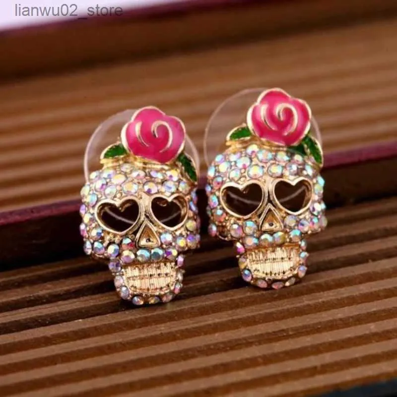 Other Fashion Accessories Silver Needle European and American Exaggerated Punk Style Halloween Rose Skull Head Jewelry Personalized Micro Q231011