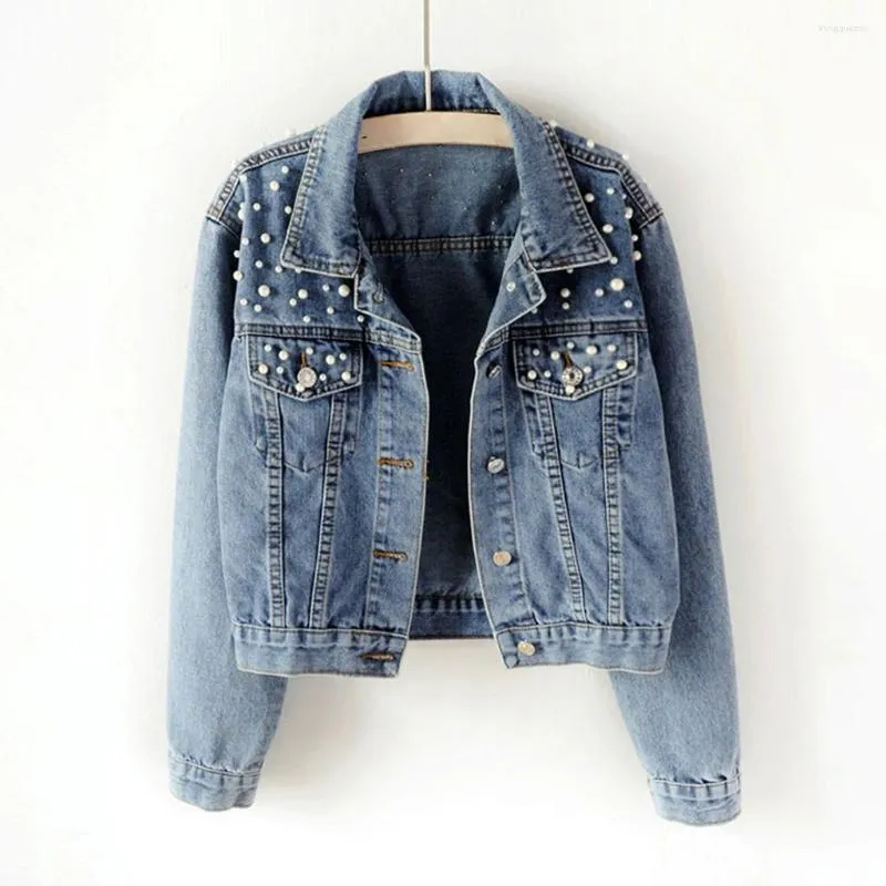 Kvinnorjackor Retro Distress Street Denim Coat Loose and Slimming Pearl Beading Jeans Jacket Windbreaker Y2K Women Korean