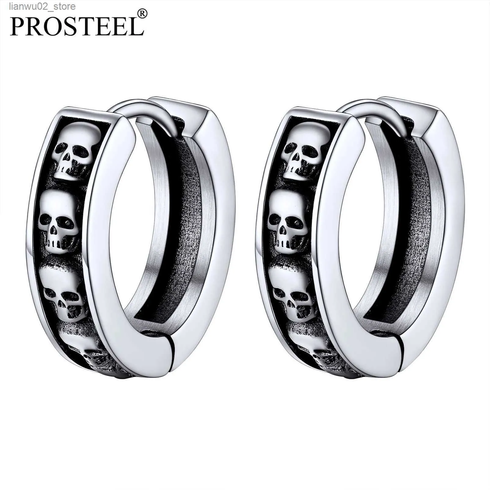 Autres accessoires de mode PROSTEEL Halloween Argent Cool Petit Chunky Skull Hoop Boucles d'oreilles pour hommes Femmes Noir / Plaqué or 18 carats Punk Boys Boucle d'oreille PSE40061 Q231011