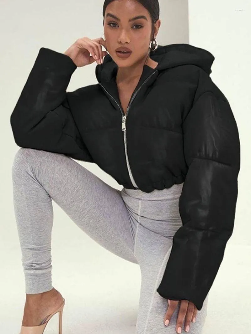 Mulheres Trench Coats 2023 Inverno Preto Algodão Mulher Com Capuz Manga Longa Zipper Cropped Tops Outerwears Quentes Parkas Acolchoadas Jaquetas Streetwear