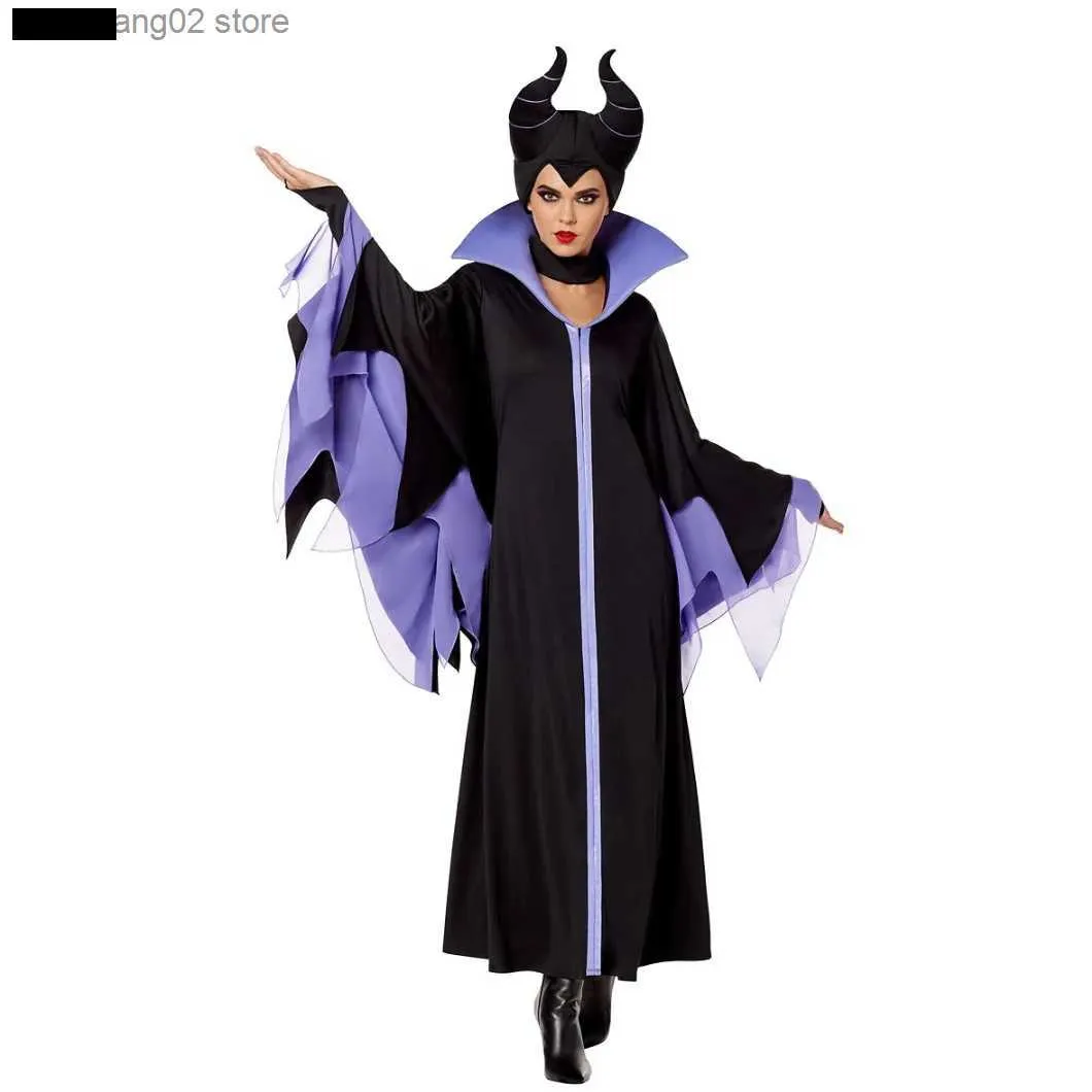 Costume a tema Strega Malefica La Bella Addormentata Cosplay Vieni Donne adulte Hallowen Comes Evil Abito nero Cappello in corno Vestito Cappello Casco Cappuccio T231011