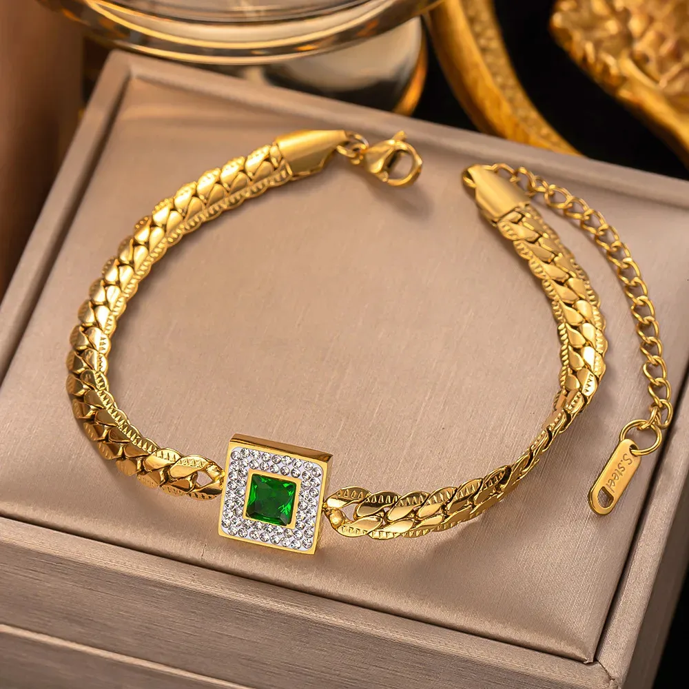 Braccialetti con ciondoli Bracciale in acciaio inossidabile 316L con ciondolo in pietra verde con zirconi per le donne Acier inossidabile antiruggine gioielli da polso partito Bijoux 231010